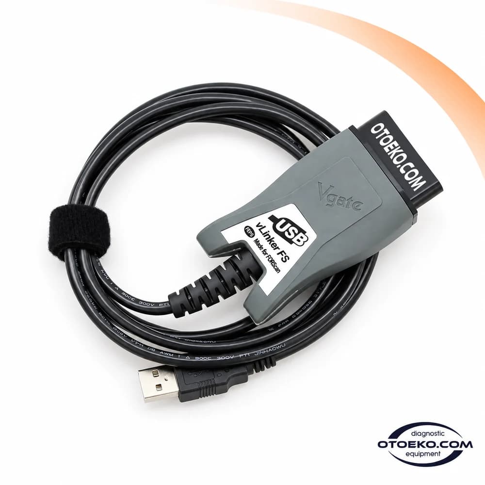 Vgate vLinker FS USB adaptör ve sarılı bağlantı kablosu